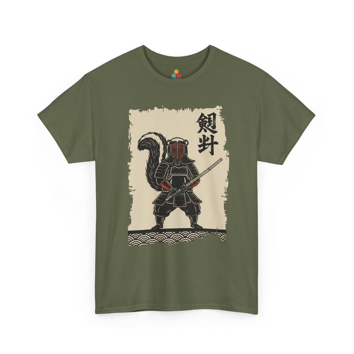Vintage Japanese ukiyo-e style skunk samurai kendo warrior with wave pattern Green Tee shirt