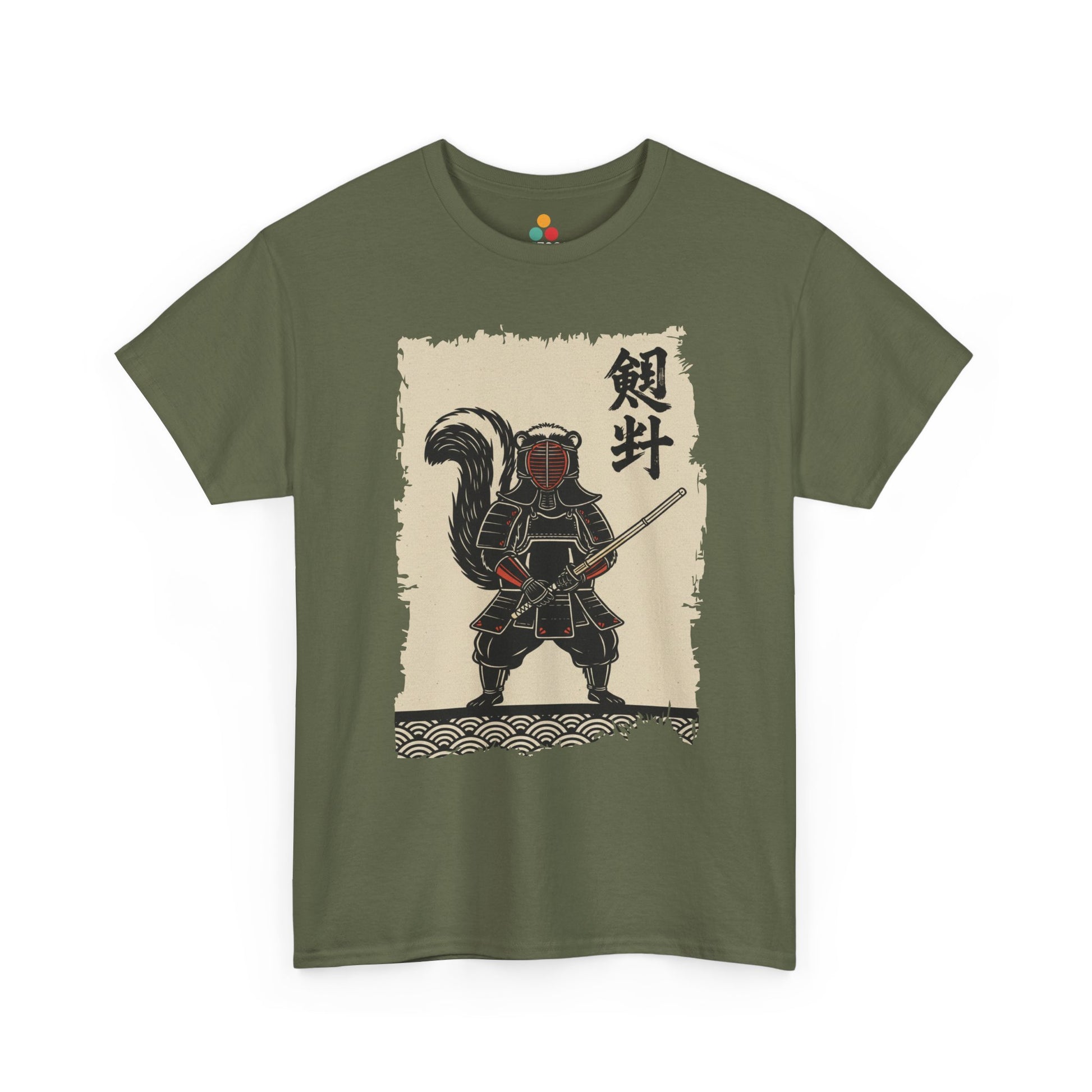 Vintage Japanese ukiyo-e style skunk samurai kendo warrior with wave pattern Green Tee shirt