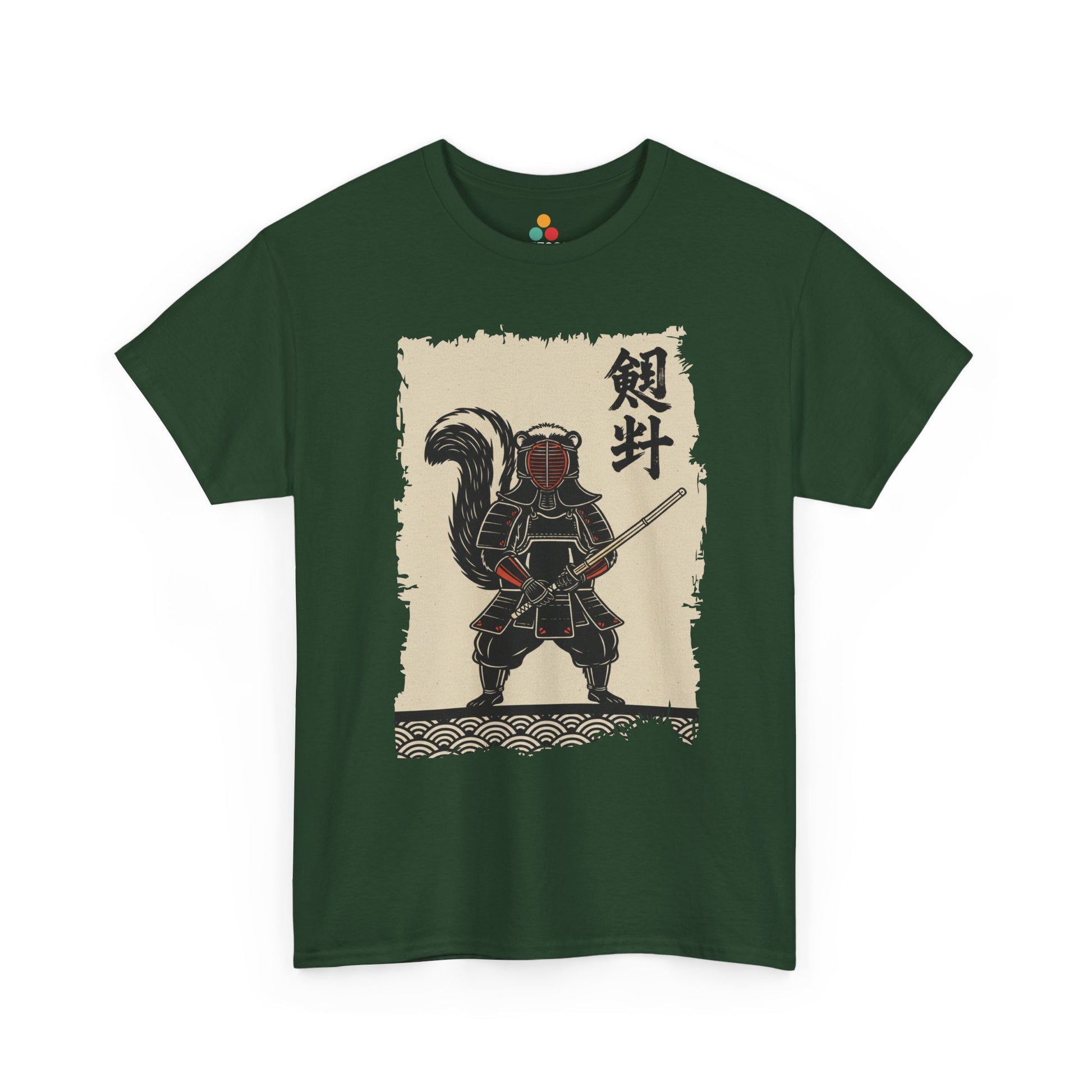 Vintage Japanese ukiyo-e style skunk samurai kendo warrior with wave pattern Green Tee shirt