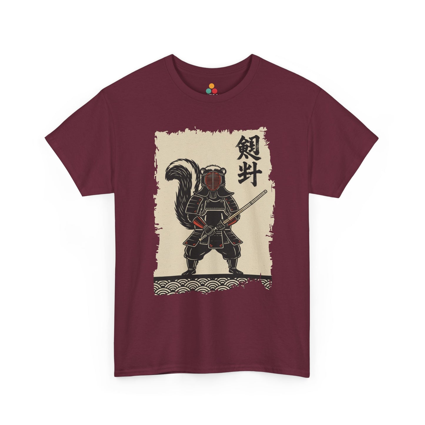 Vintage Japanese ukiyo-e style skunk samurai kendo warrior with wave pattern Maroon Tee shirt
