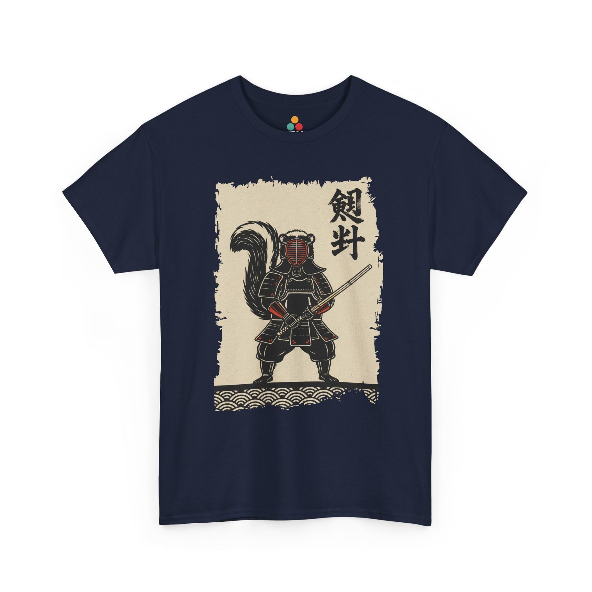 Vintage Japanese ukiyo-e style skunk samurai kendo warrior with wave pattern Navy Tee shirt