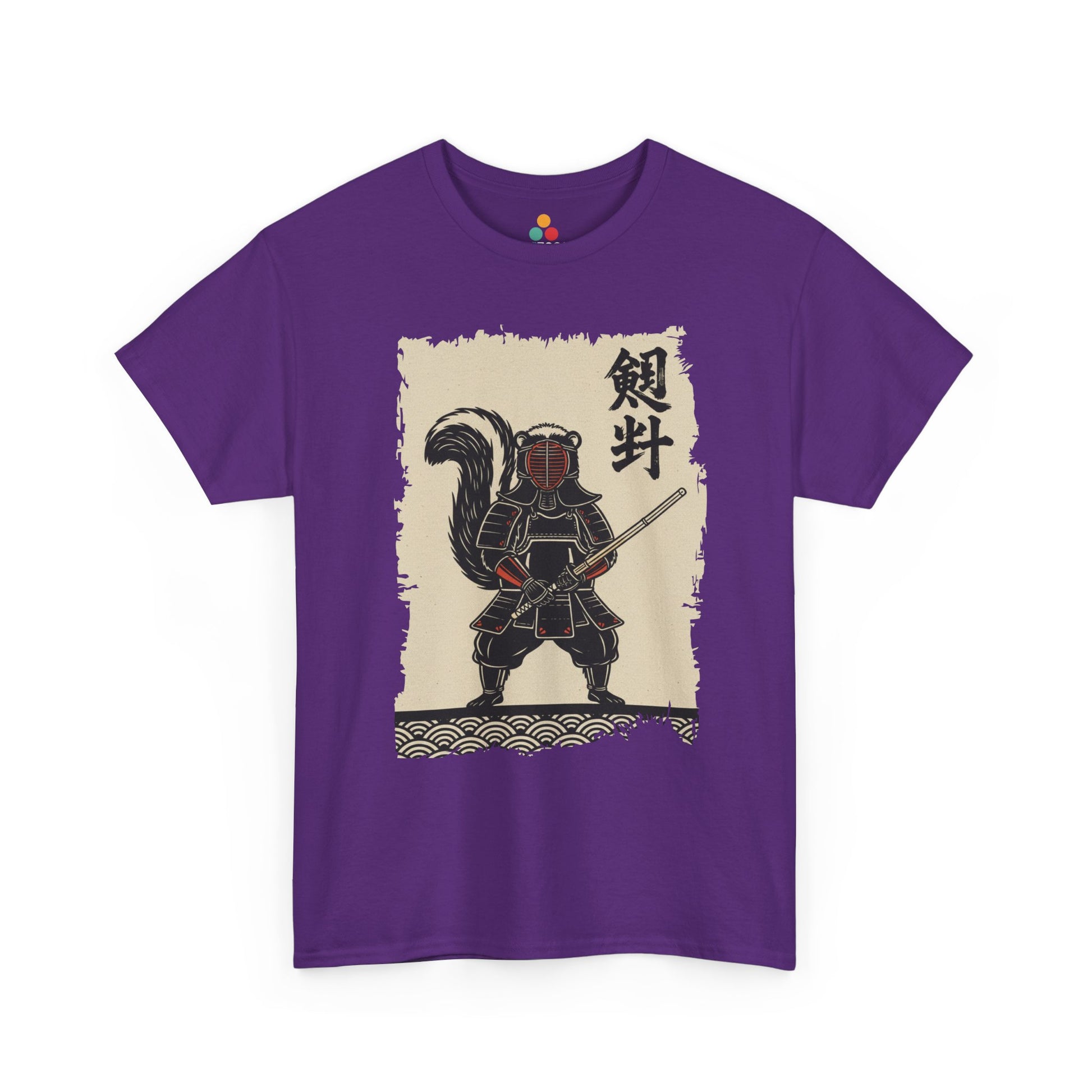 Vintage Japanese ukiyo-e style skunk samurai kendo warrior with wave pattern Purple Tee shirt