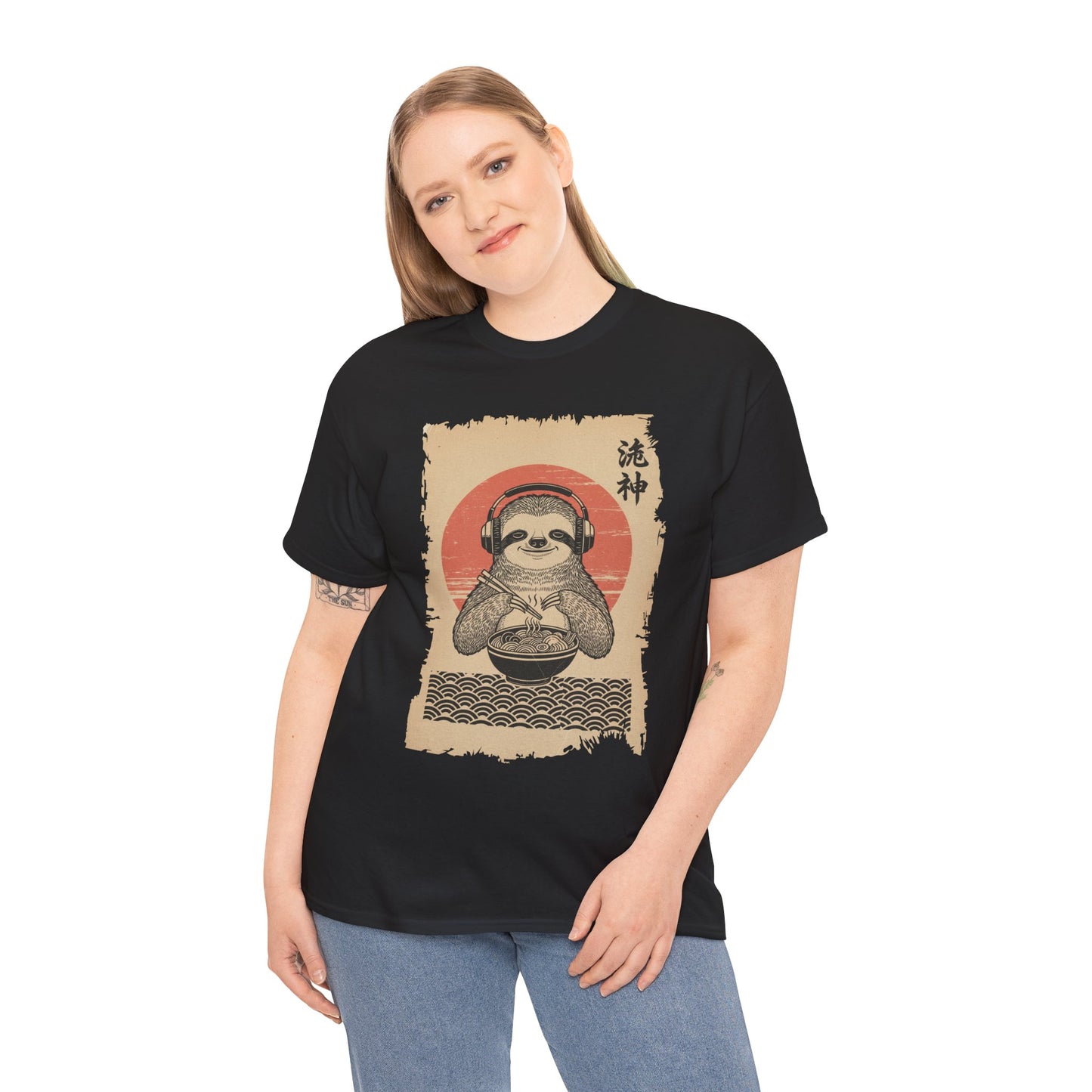 Vintage Japanese ukiyo-e style sloth eating ramen with headphones and red sun background. On Black Women Tee Shirt