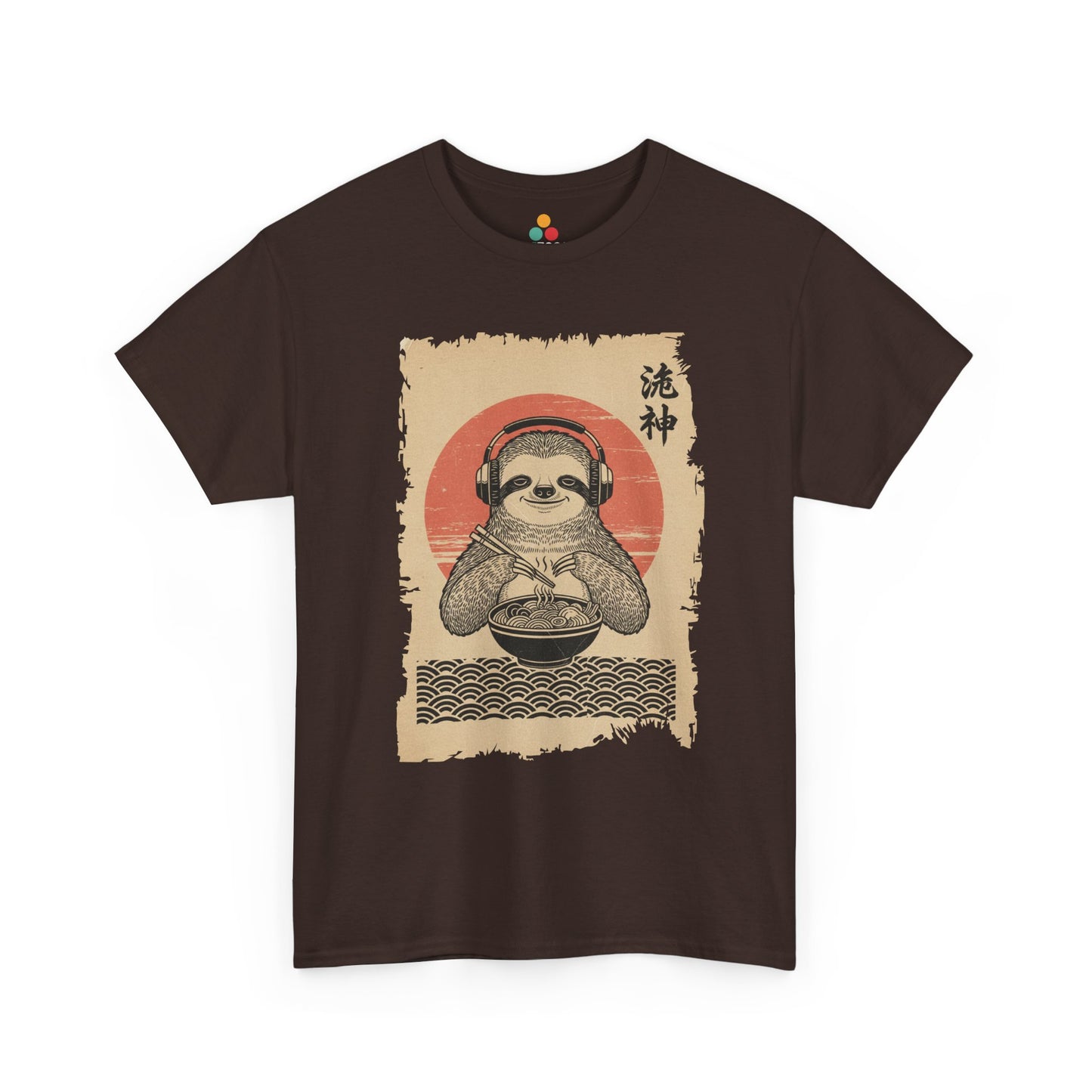 Vintage Japanese ukiyo-e style sloth eating ramen with headphones and red sun background. On Brown  Tee Shirt

