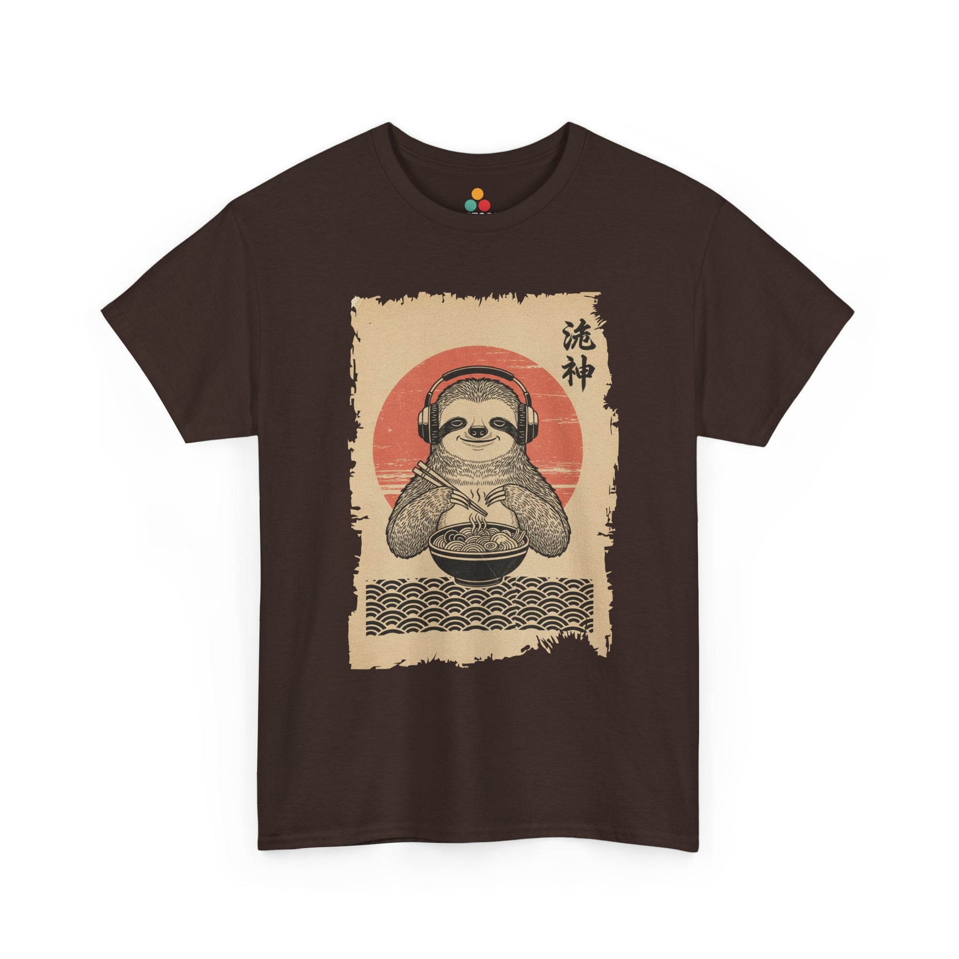 Vintage Japanese ukiyo-e style sloth eating ramen with headphones and red sun background. On Brown  Tee Shirt

