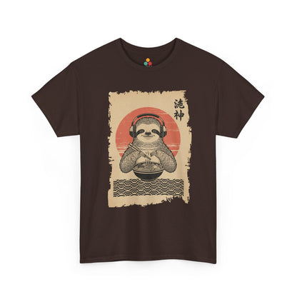 Vintage Japanese ukiyo-e style sloth eating ramen with headphones and red sun background. On Brown  Tee Shirt

