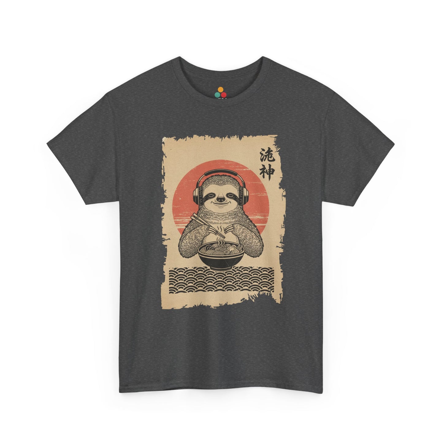 Vintage Japanese ukiyo-e style sloth eating ramen with headphones and red sun background. On Gray  Tee Shirt

