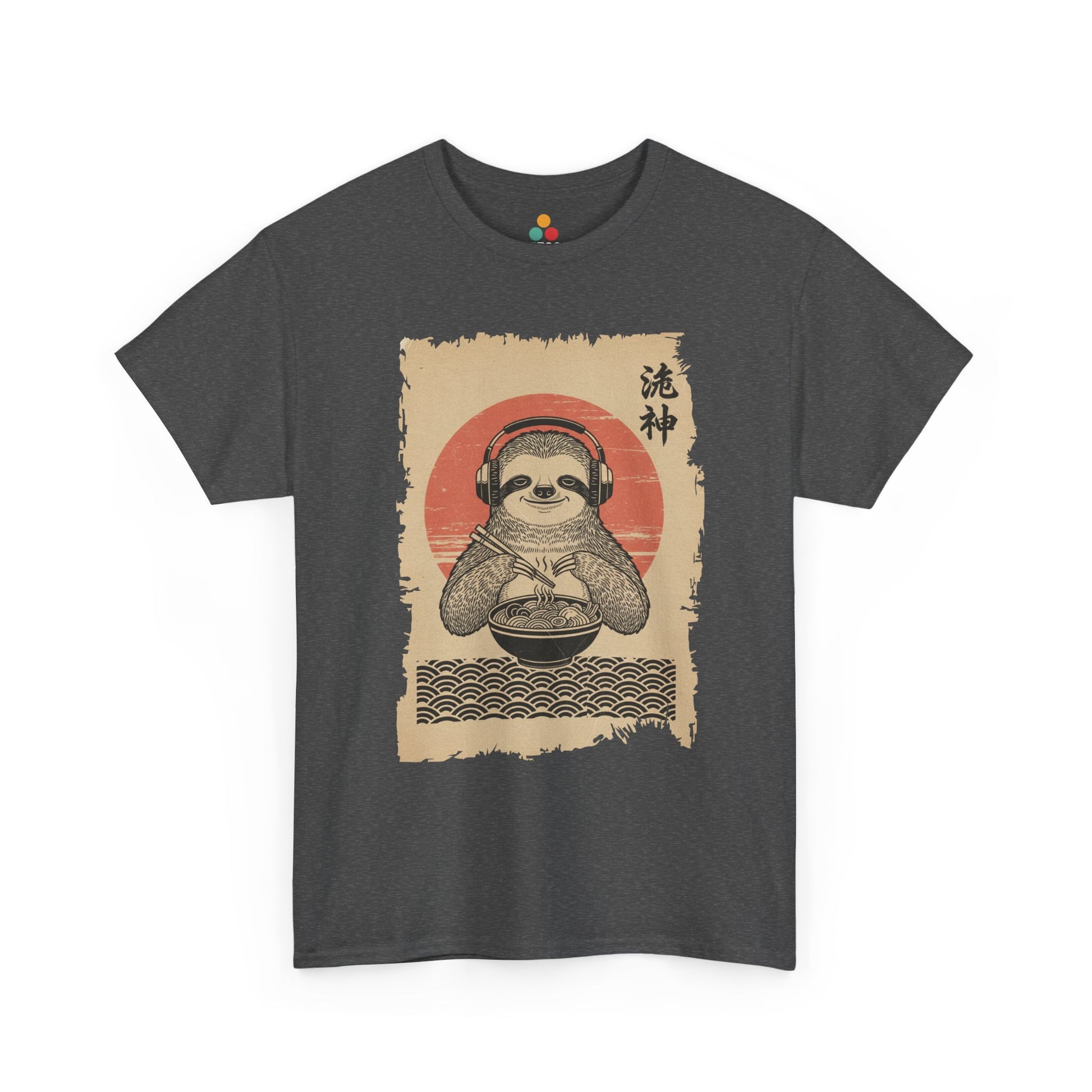 Vintage Japanese ukiyo-e style sloth eating ramen with headphones and red sun background. On Gray  Tee Shirt

