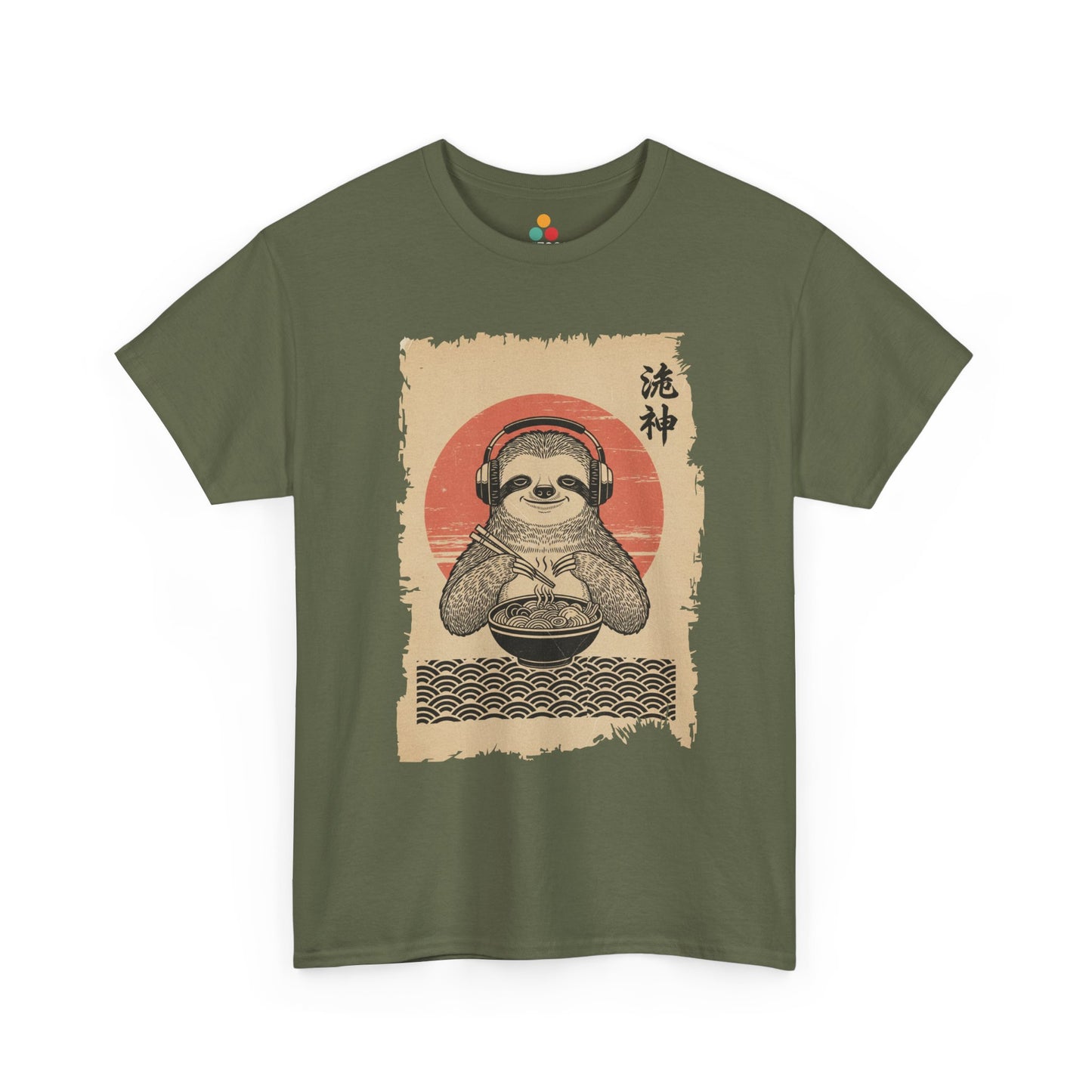 Vintage Japanese ukiyo-e style sloth eating ramen with headphones and red sun background. On Green  Tee Shirt

