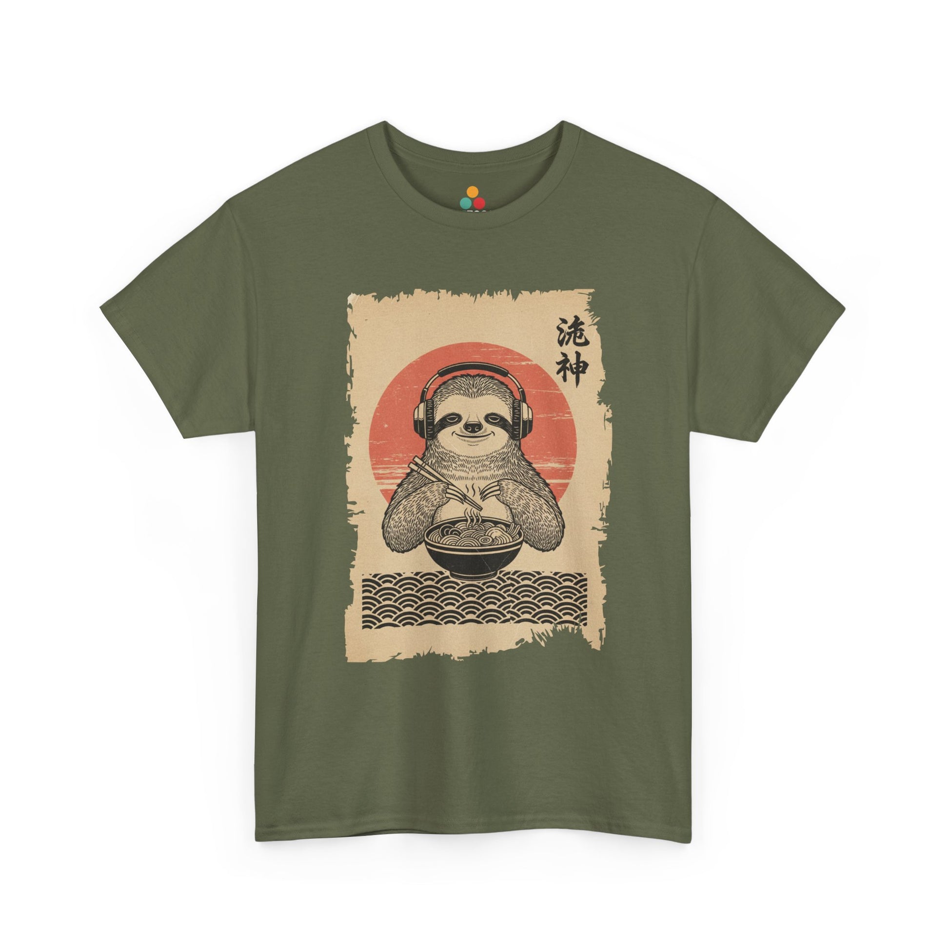 Vintage Japanese ukiyo-e style sloth eating ramen with headphones and red sun background. On Green  Tee Shirt


