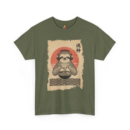 Vintage Japanese ukiyo-e style sloth eating ramen with headphones and red sun background. On Green  Tee Shirt

