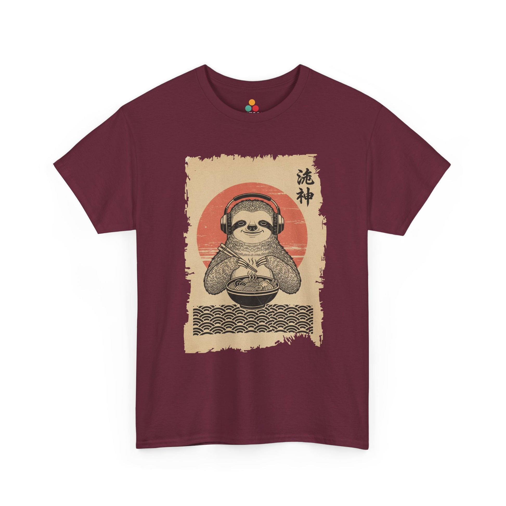 Vintage Japanese ukiyo-e style sloth eating ramen with headphones and red sun background. On Maroon  Tee Shirt

