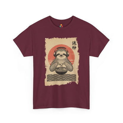 Vintage Japanese ukiyo-e style sloth eating ramen with headphones and red sun background. On Maroon  Tee Shirt

