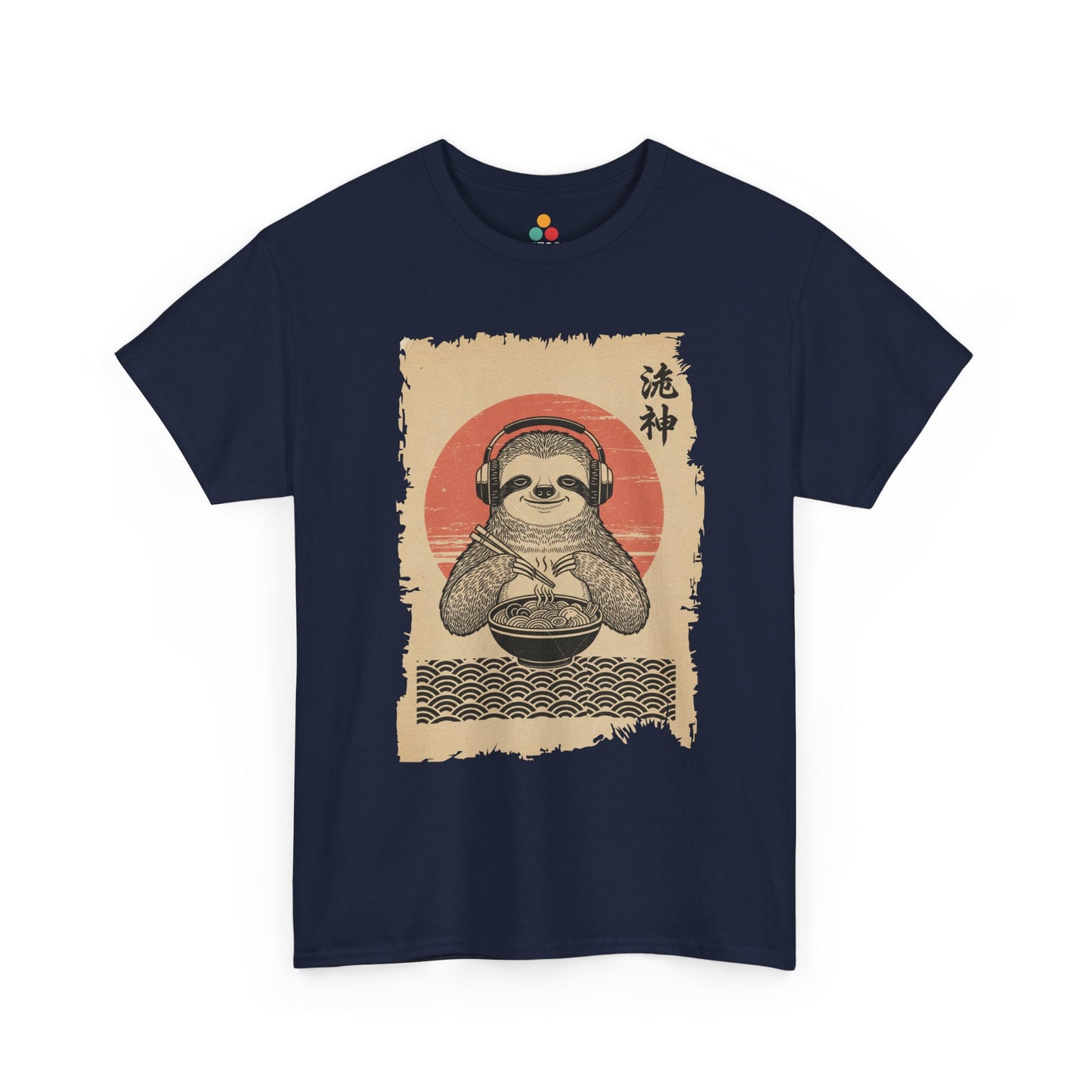 Vintage Japanese ukiyo-e style sloth eating ramen with headphones and red sun background. On Navy Tee Shirt

