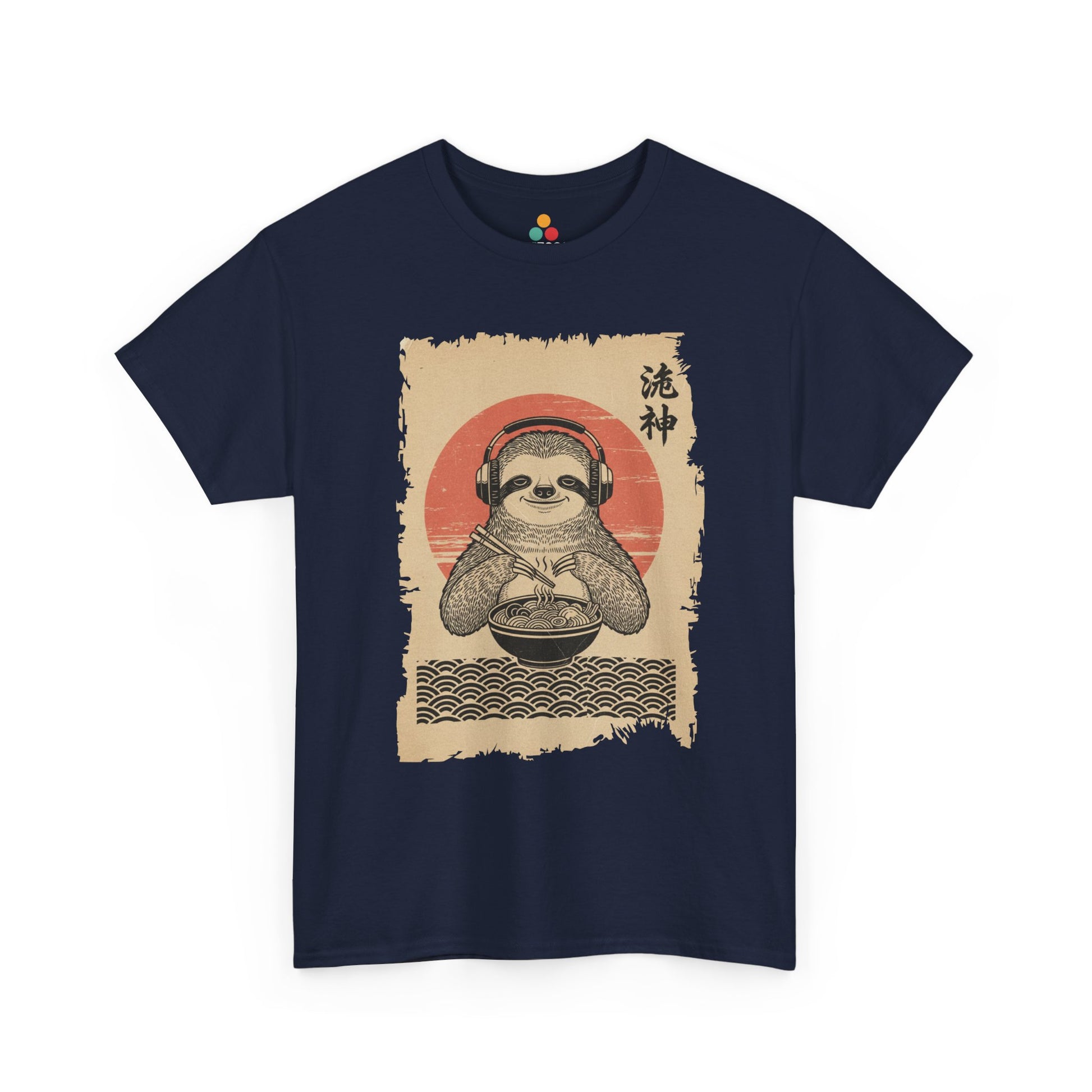 Vintage Japanese ukiyo-e style sloth eating ramen with headphones and red sun background. On Navy Tee Shirt

