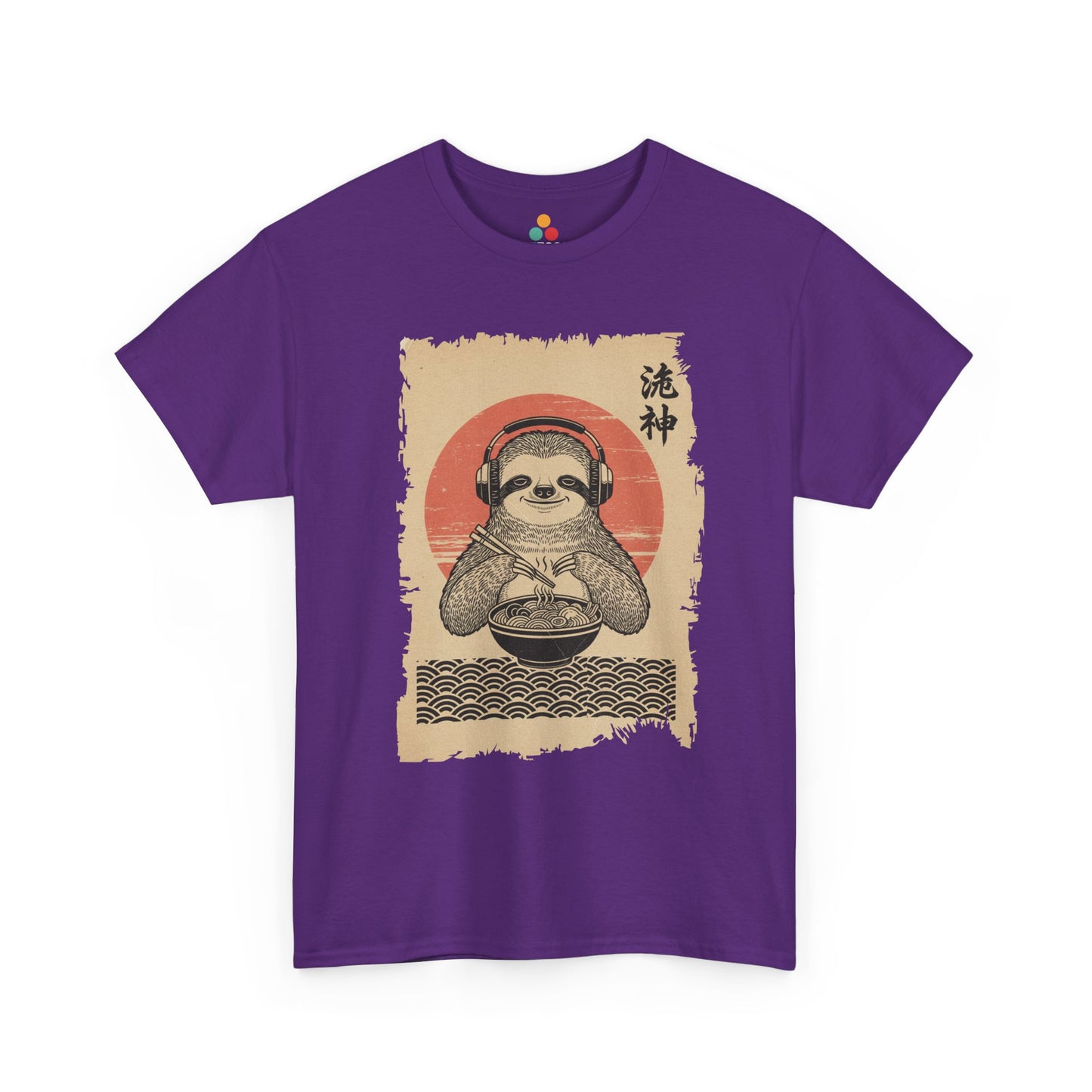 Vintage Japanese ukiyo-e style sloth eating ramen with headphones and red sun background. On Purple Tee Shirt

