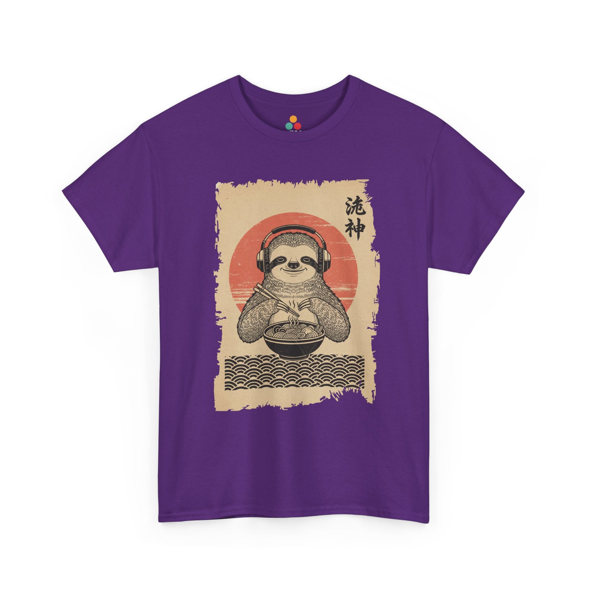 Vintage Japanese ukiyo-e style sloth eating ramen with headphones and red sun background. On Purple Tee Shirt

