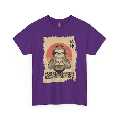 Vintage Japanese ukiyo-e style sloth eating ramen with headphones and red sun background. On Purple Tee Shirt

