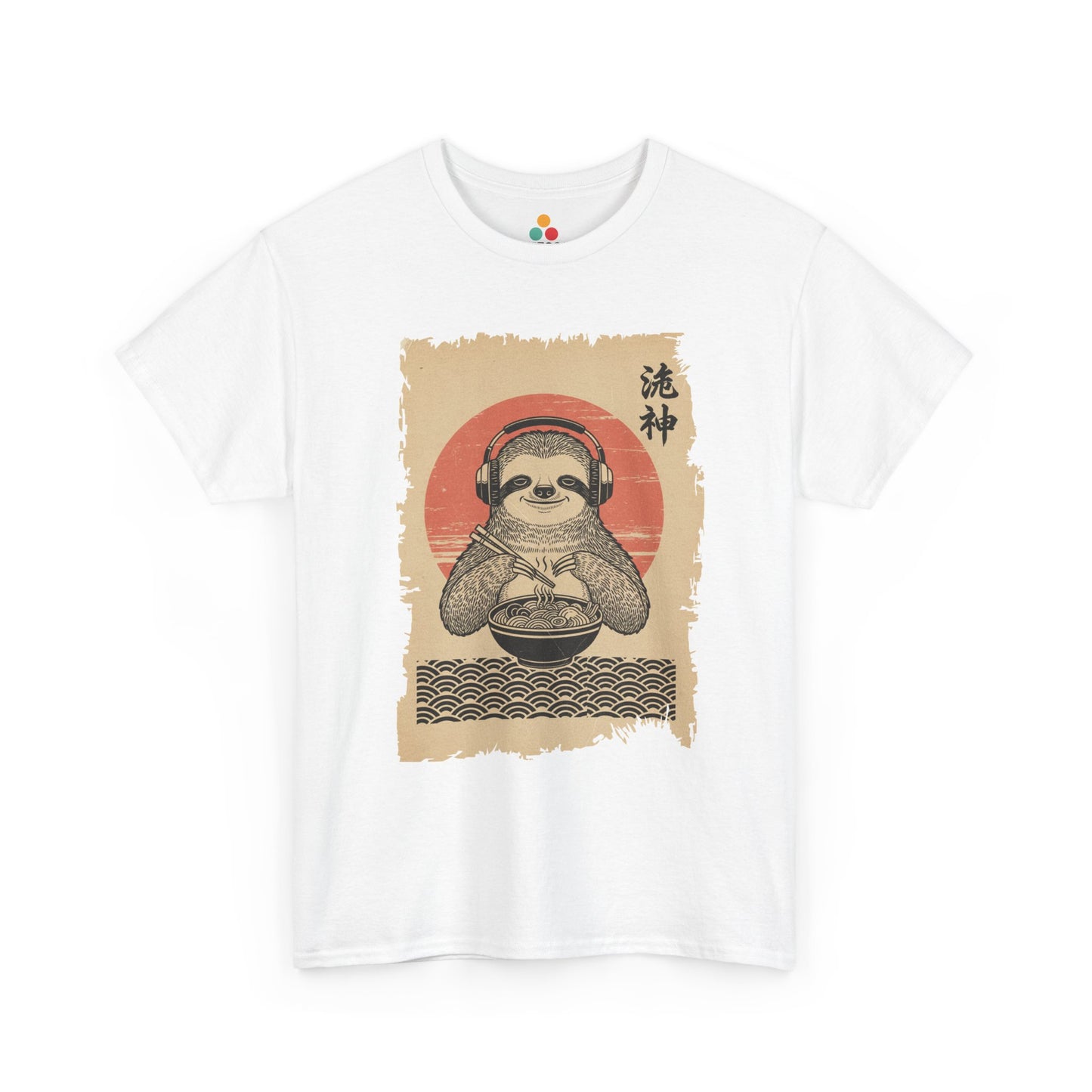 Vintage Japanese ukiyo-e style sloth eating ramen with headphones and red sun background. On White  Tee Shirt

