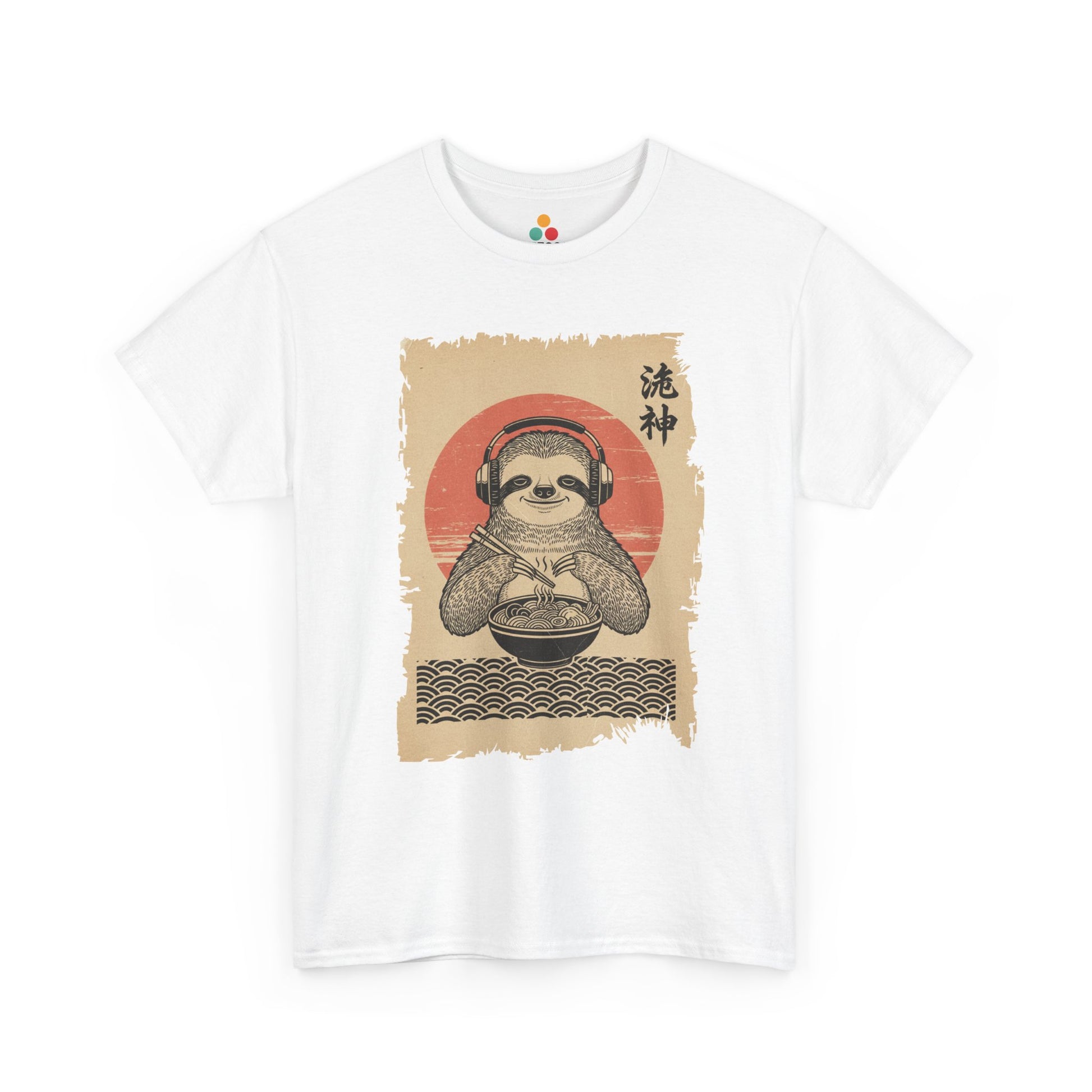 Vintage Japanese ukiyo-e style sloth eating ramen with headphones and red sun background. On White  Tee Shirt


