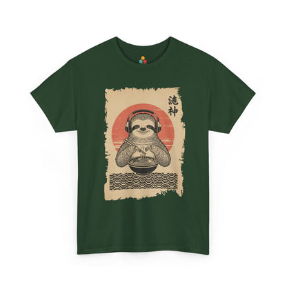 Vintage Japanese ukiyo-e style sloth eating ramen with headphones and red sun background. On Forest Green  Tee Shirt

