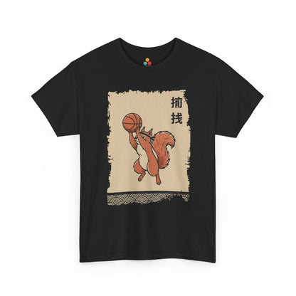 Vintage Japanese ukiyo-e style squirrel basketball player dunking with wave pattern black tshrt
