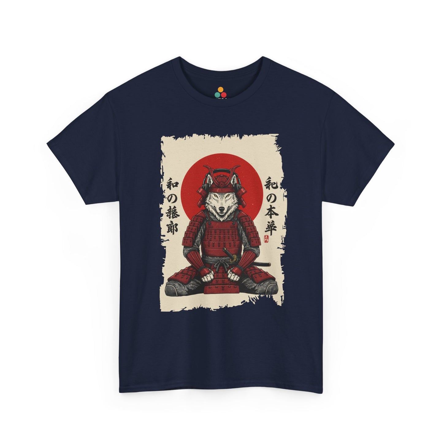 Vintage Japanese ukiyo-e style wolf samurai shogun in red armor with red sun and calligraphy on parchment background​ Navy Tee shirt

