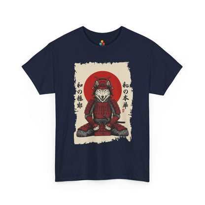 Vintage Japanese ukiyo-e style wolf samurai shogun in red armor with red sun and calligraphy on parchment background​ Navy Tee shirt

