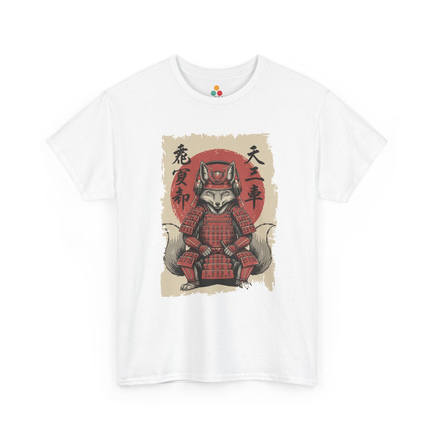 Vintage Japanese wHITE Tee shirt ukiyo-e style fox samurai shogun in red armor with red sun and calligraphy on parchment background​

