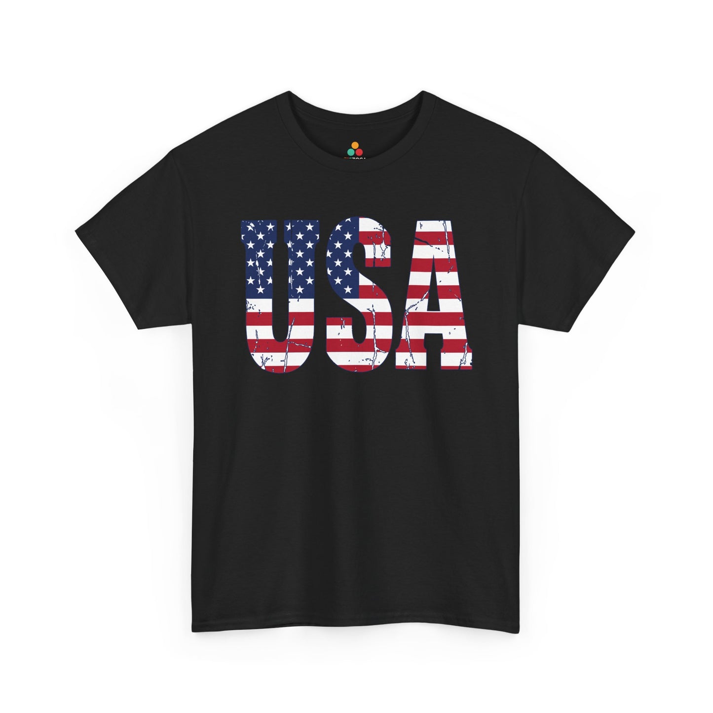 Vintage USA T-shirt from TEEZOCA with distressed flag-style letters for patriotic clothing buyers.
