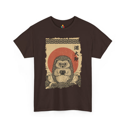 Vintage Ukiyo-e style hedgehog Brown t-shirt featuring Hokusai's Great Wave and action camera.​

