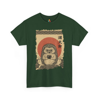 Vintage Ukiyo-e style hedgehog Forest Green  t-shirt featuring Hokusai's Great Wave and action camera.​

