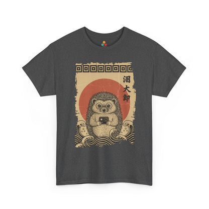 Vintage Ukiyo-e style hedgehog Gray   t-shirt featuring Hokusai's Great Wave and action camera.​

