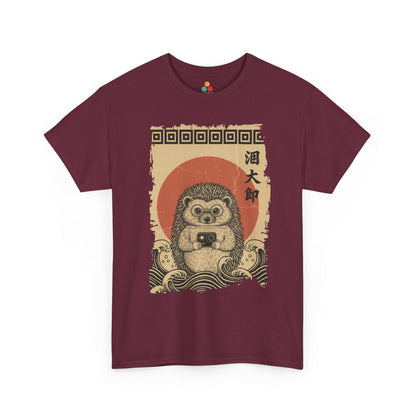 Vintage Ukiyo-e style hedgehog Maroon t-shirt featuring Hokusai's Great Wave and action camera.​

