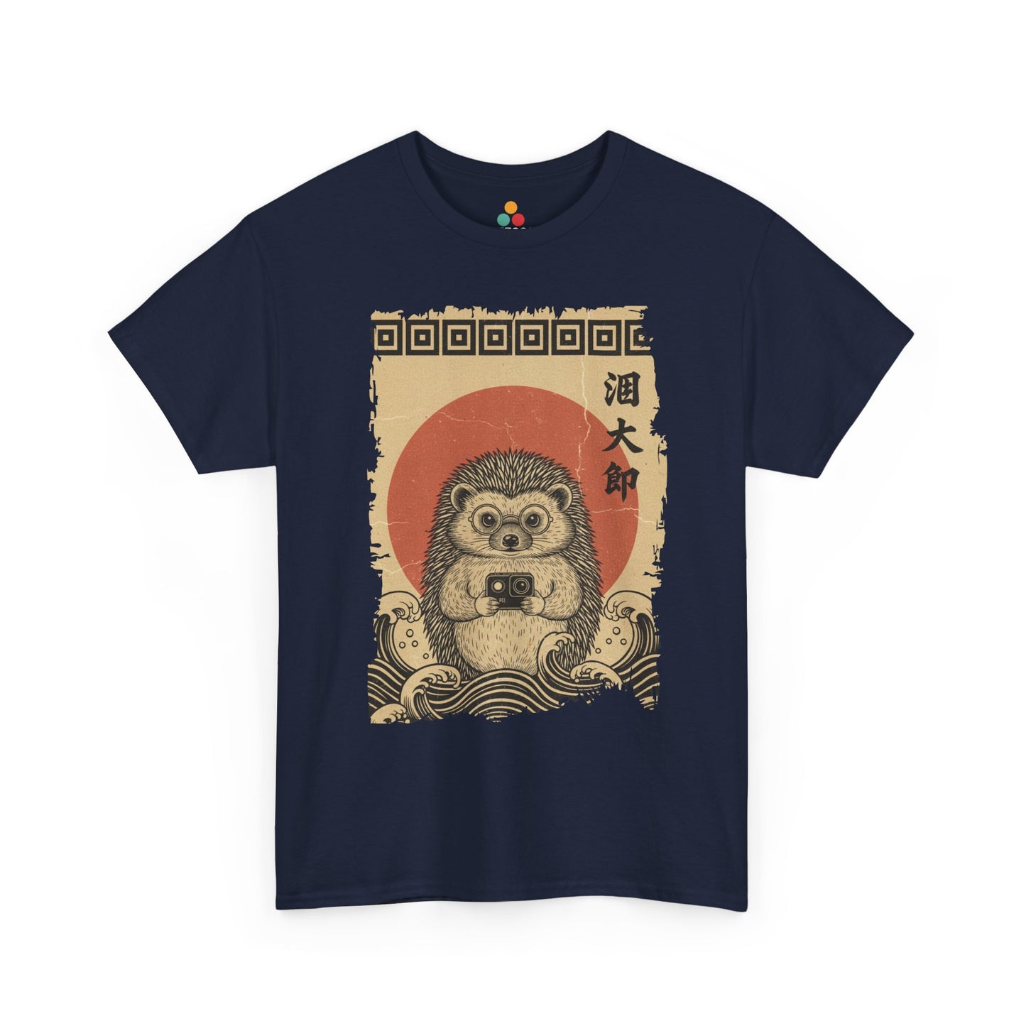 Vintage Ukiyo-e style hedgehog Navy   t-shirt featuring Hokusai's Great Wave and action camera.​

