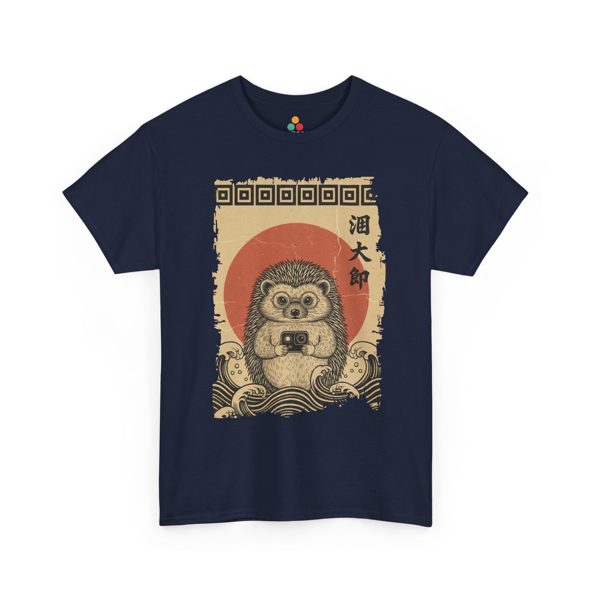 Vintage Ukiyo-e style hedgehog Navy   t-shirt featuring Hokusai's Great Wave and action camera.​

