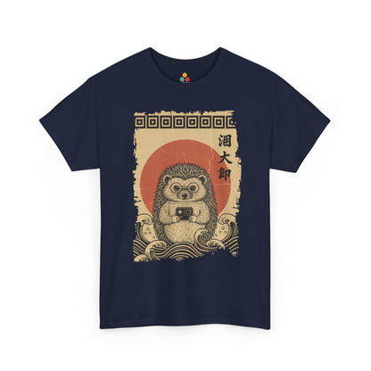 Vintage Ukiyo-e style hedgehog Navy   t-shirt featuring Hokusai's Great Wave and action camera.​

