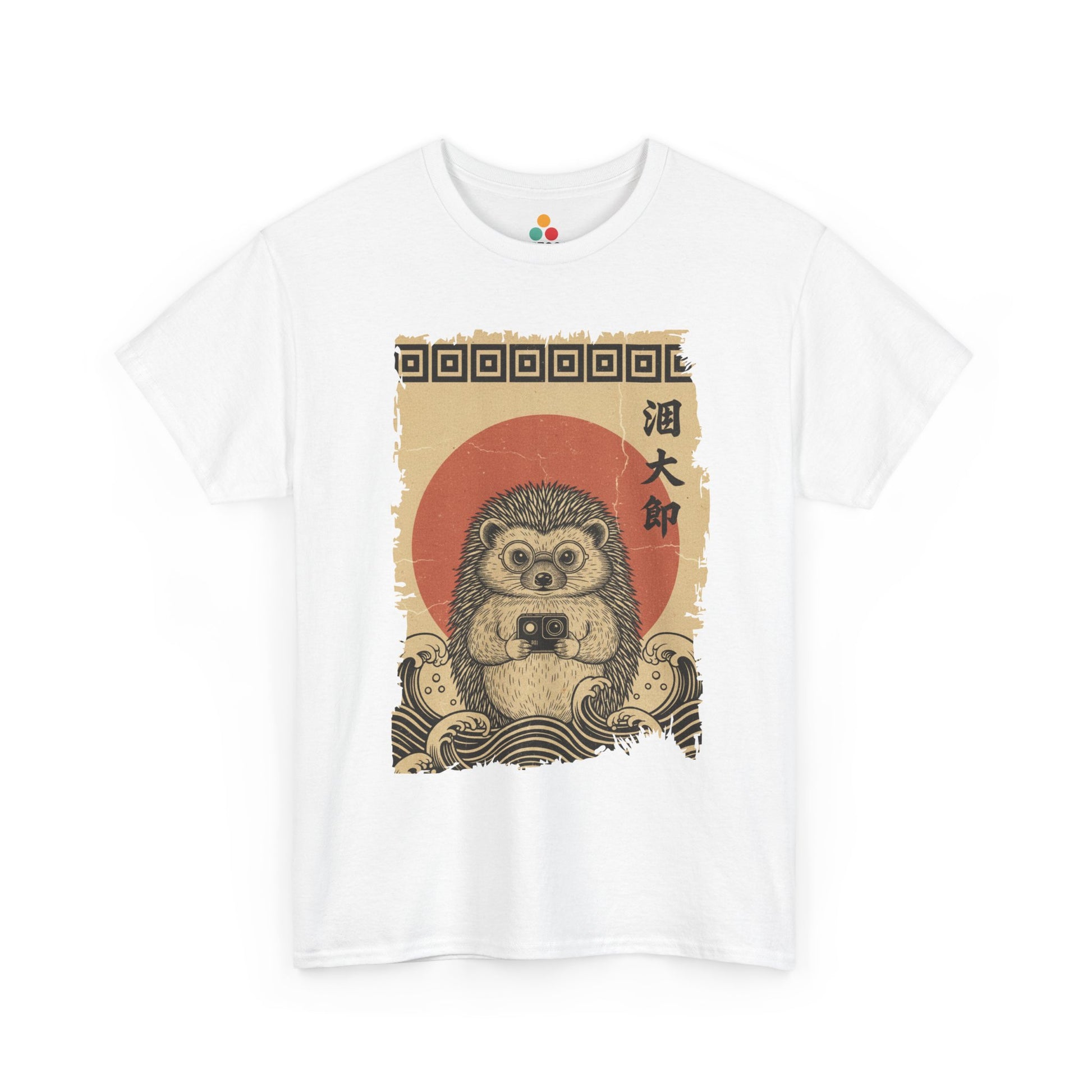 Vintage Ukiyo-e style hedgehog White t-shirt featuring Hokusai's Great Wave and action camera.​

