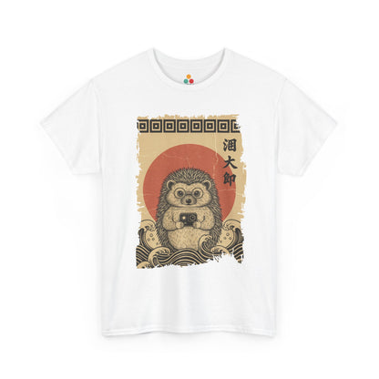 Vintage Ukiyo-e style hedgehog White t-shirt featuring Hokusai's Great Wave and action camera.​

