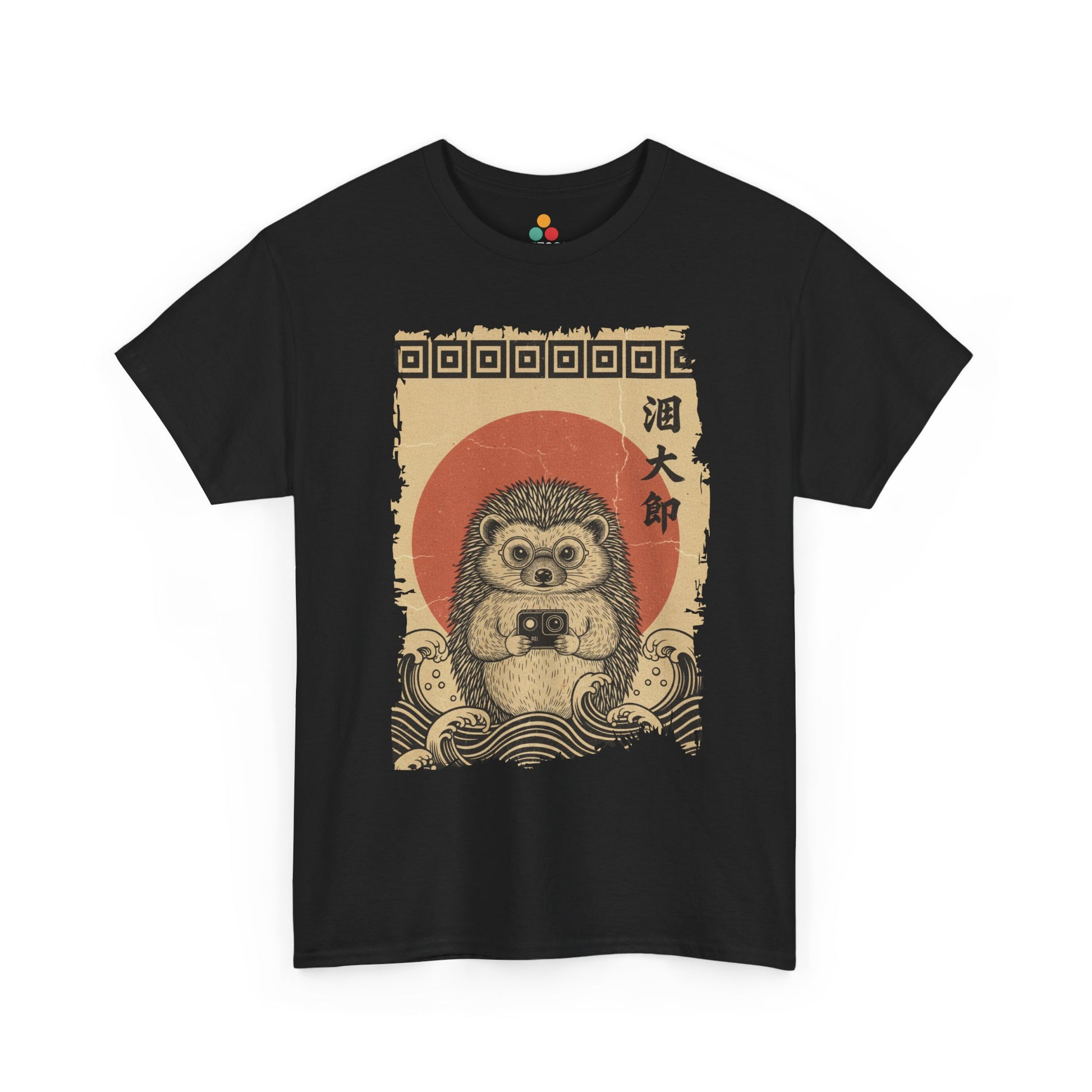 Vintage Ukiyo-e style hedgehog t-shirt featuring Hokusai's Great Wave and action camera.​

