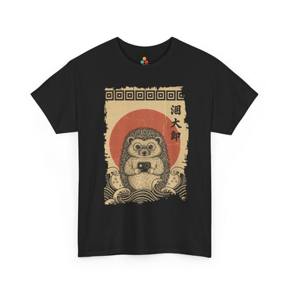 Vintage Ukiyo-e style hedgehog t-shirt featuring Hokusai's Great Wave and action camera.​

