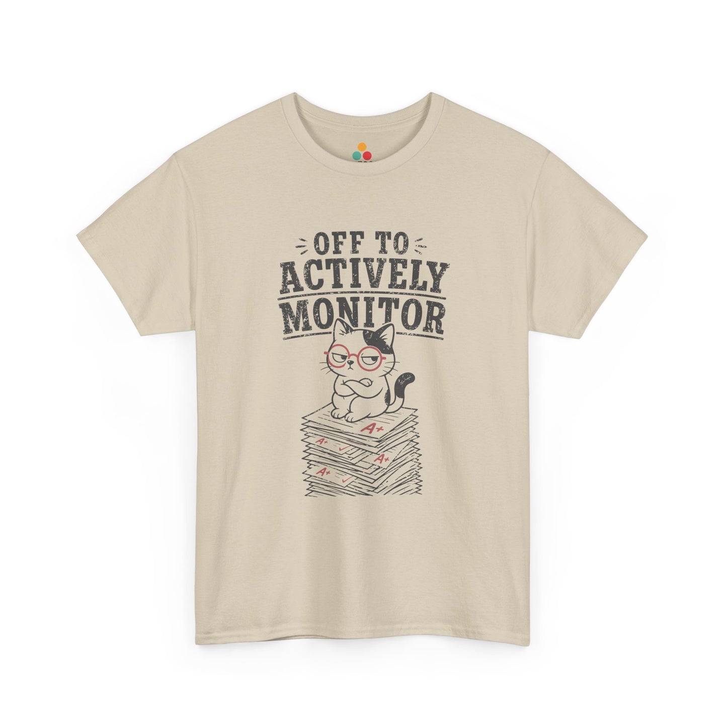 Vintage cat t shirt by TEEZOCA with Off to actively monitor text, cat with glasses shirt detail, and teacher testing day humor.
