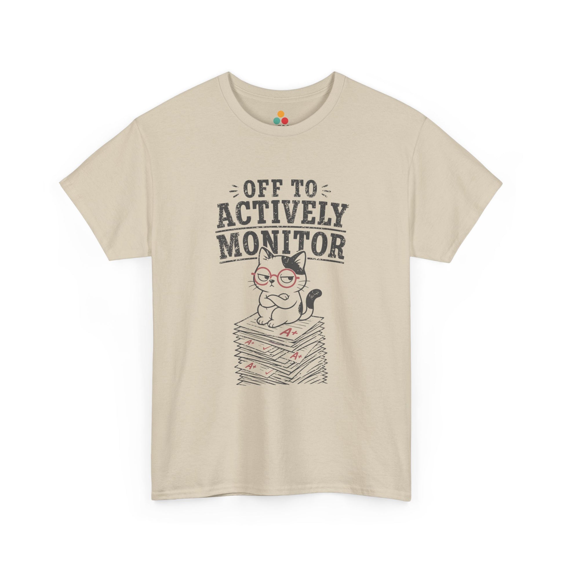 Vintage cat t shirt by TEEZOCA with Off to actively monitor text, cat with glasses shirt detail, and teacher testing day humor.
