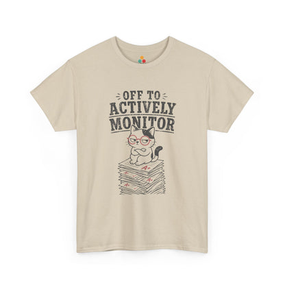 Vintage cat t shirt by TEEZOCA with Off to actively monitor text, cat with glasses shirt detail, and teacher testing day humor.
