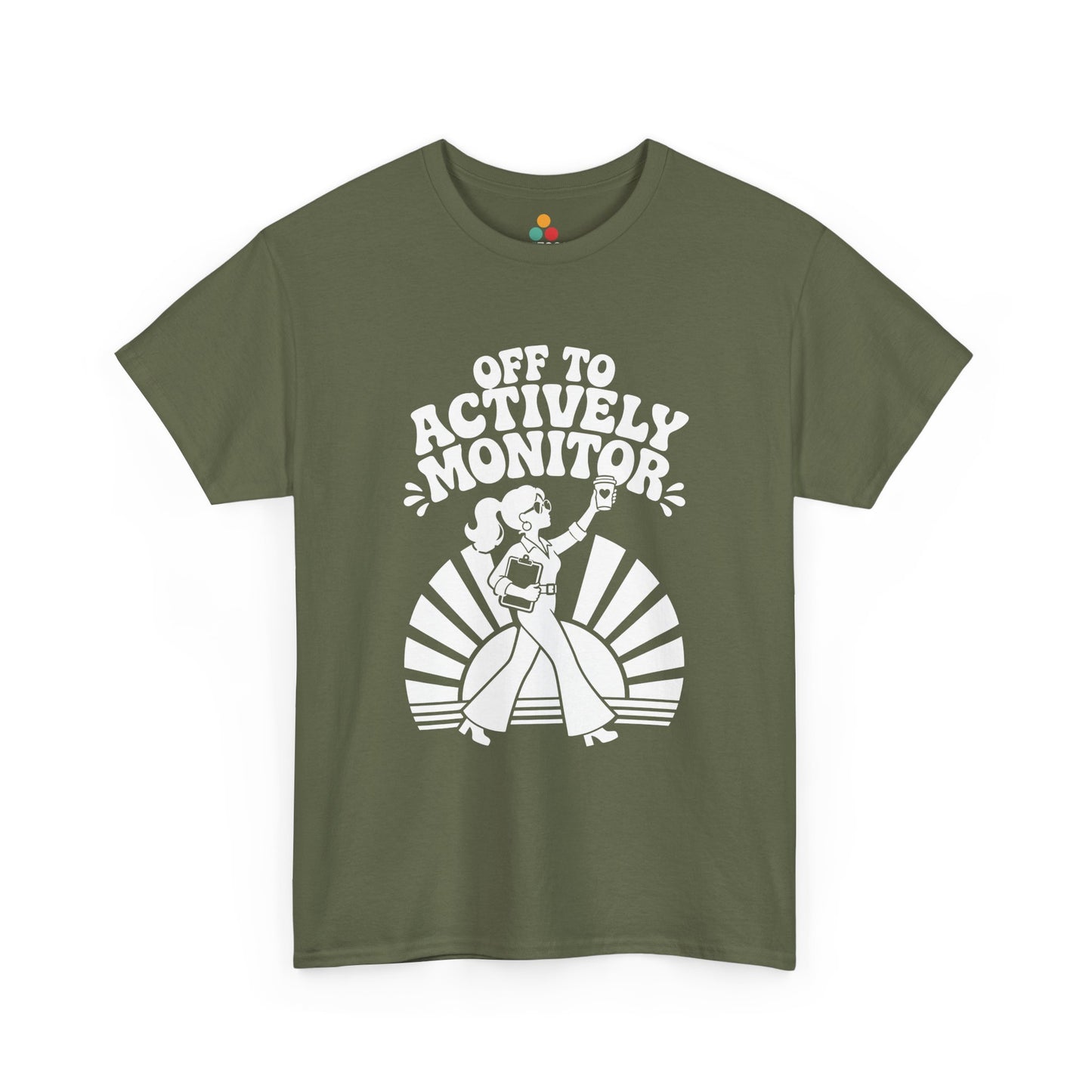 Vintage graphic tee by TEEZOCA with Off To Actively Monitor lettering, retro teacher character, clipboard, and coffee cup.
