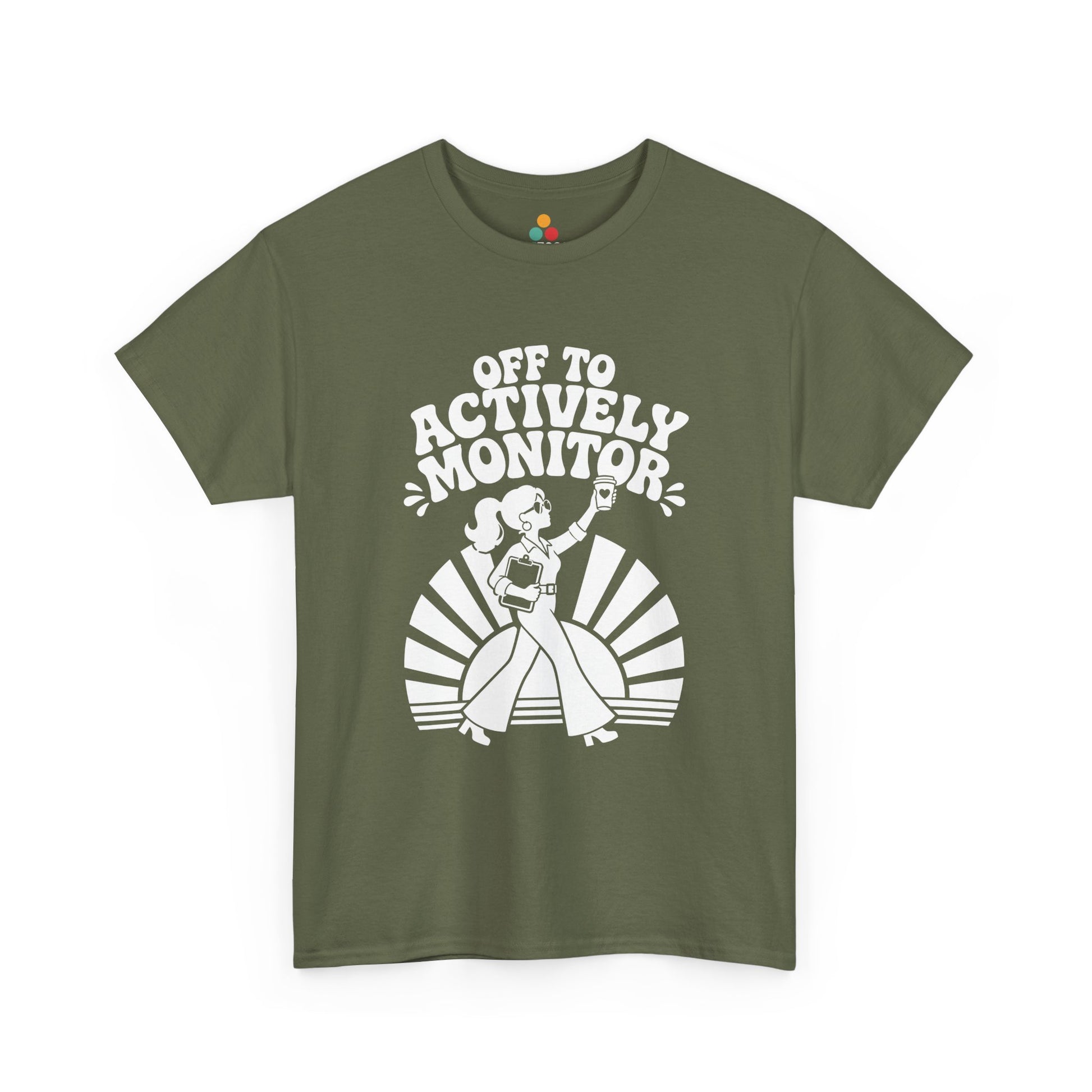 Vintage graphic tee by TEEZOCA with Off To Actively Monitor lettering, retro teacher character, clipboard, and coffee cup.
