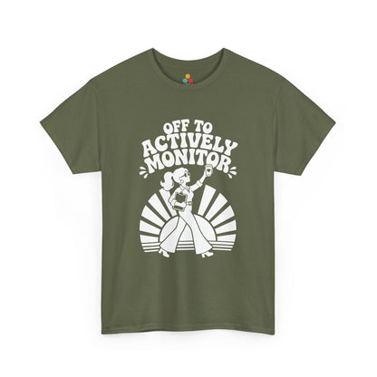 Vintage graphic tee by TEEZOCA with Off To Actively Monitor lettering, retro teacher character, clipboard, and coffee cup.
