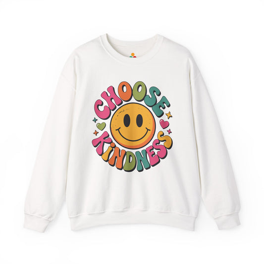 Vintage style smiley sweatshirt promoting kindness and positivity White sweatshirt with a smiley face and 'Choose Kindness' text on a white background