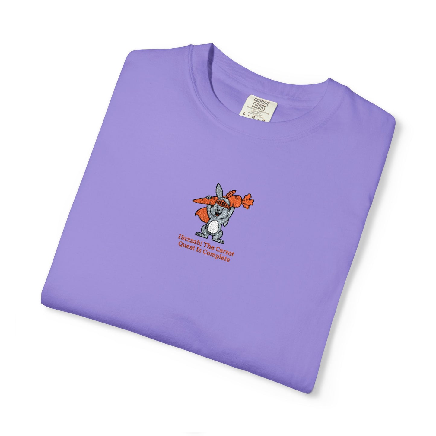Violet Comfort Colors® Huzzah! The Carrot Quest Is Complete Rabbit Embroidered T-Shirt | TEEZOCA 