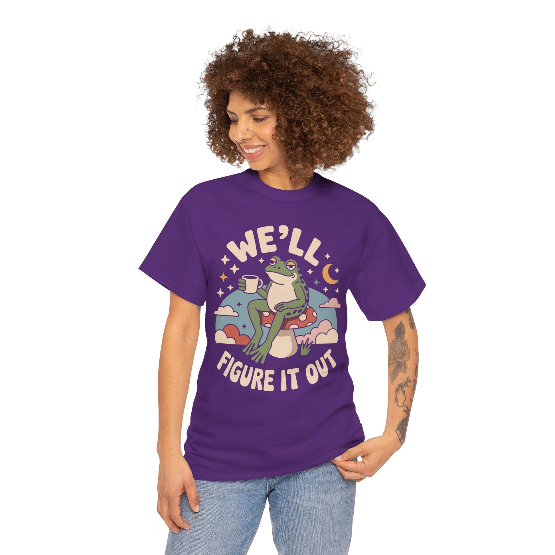 We'll Figure It Out Cute Relaxed Frog Moonlit Illustration T‑Shirt | TEEZOCA 